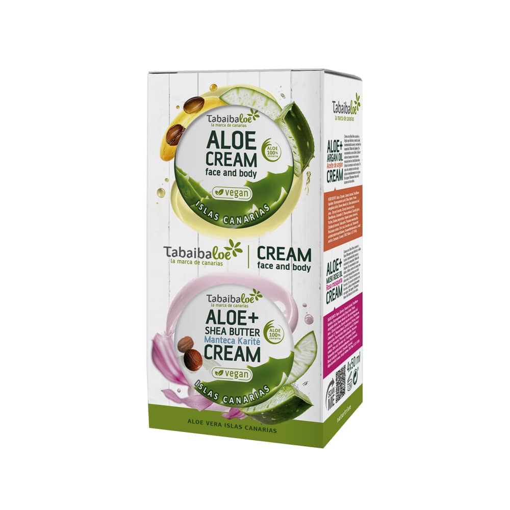 Tabaiba_Cosmetica_Tabaibaloe_4_Cremas_-Cara-Cuerpo_Aloe_Vera_Canario_Rosa_Mosqueta_Argán_karité Set de 4 cremas para cara y cuerpo con aloe vera canario, rosa mosqueta, aceite de argán y manteca karité de Tabaibaloe