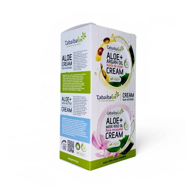 Set de 4 cremas para cara y cuerpo con aloe vera canario, rosa mosqueta, aceite de argán y manteca karité de Tabaibaloe