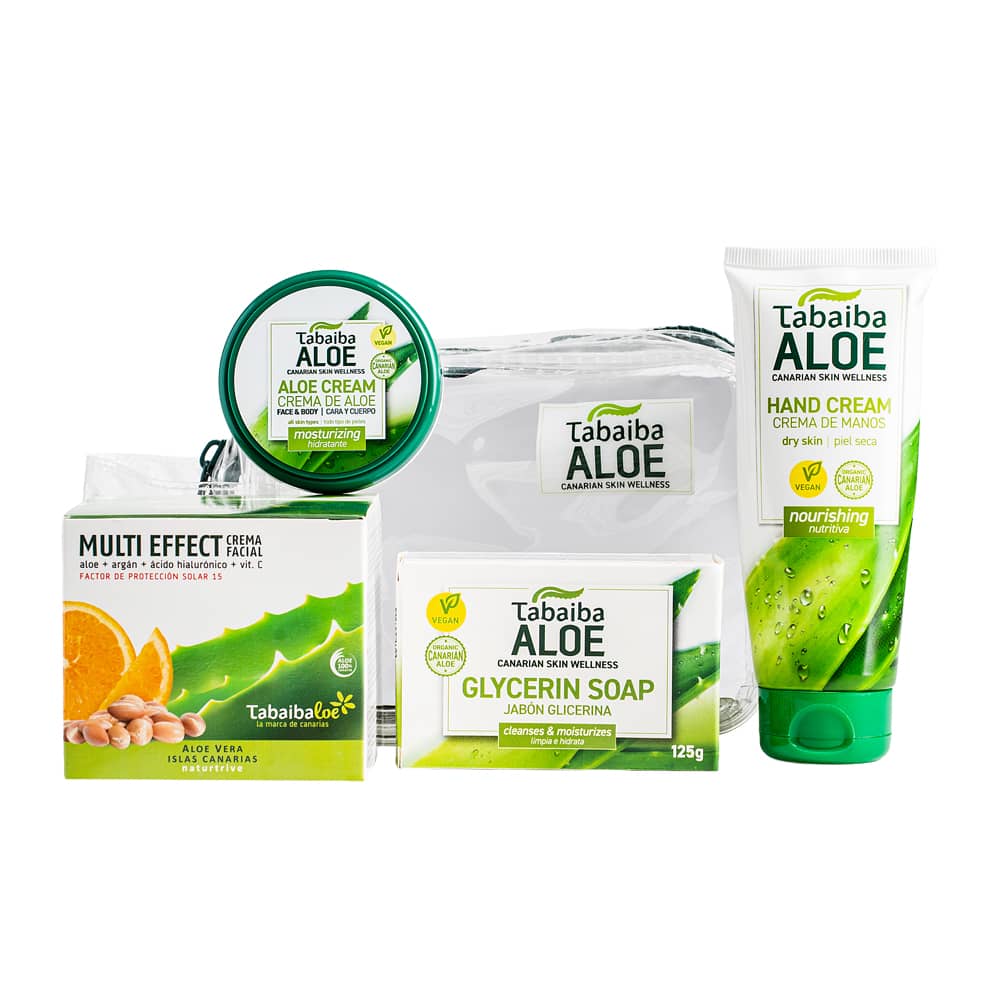 Tabaiba_Cosmetica_Tabaibaloe_Crema_Manos_Jabón_Crema_Cara_Cuerpo_Crema_Multi-efecto Set de viaje con aloe vera canario – crema de manos, jabón, crema para cara y cuerpo y crema multi-efecto de Tabaibaloe